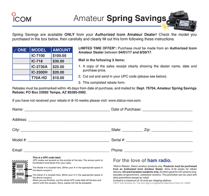 ICOM Amateur Spring Savings Rebate 2017 Radioworld